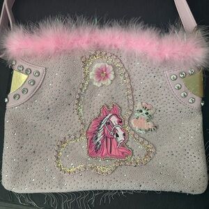 Elegant Horse Loves Kitty Handmade Pink Tote Bag w Rhinestones & Boa  = New